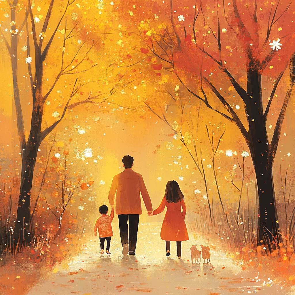 Illustration of family walking in the fall